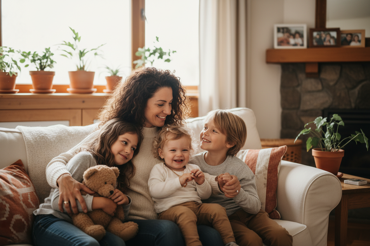 3 kids and a mom with brown curly hair