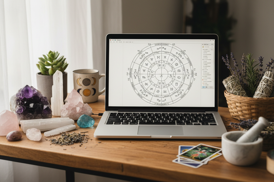 an astrology birth chart, crystals, herbs next to a computer